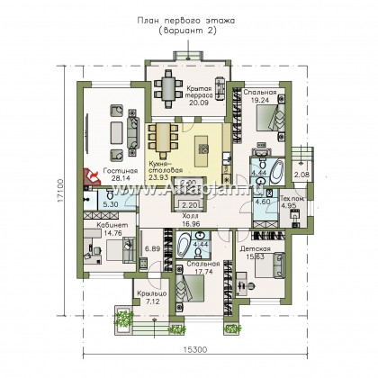 «Калипсо» - проект одноэтажного дома, 4 спальни, c террасой, в современном стиле - превью план дома