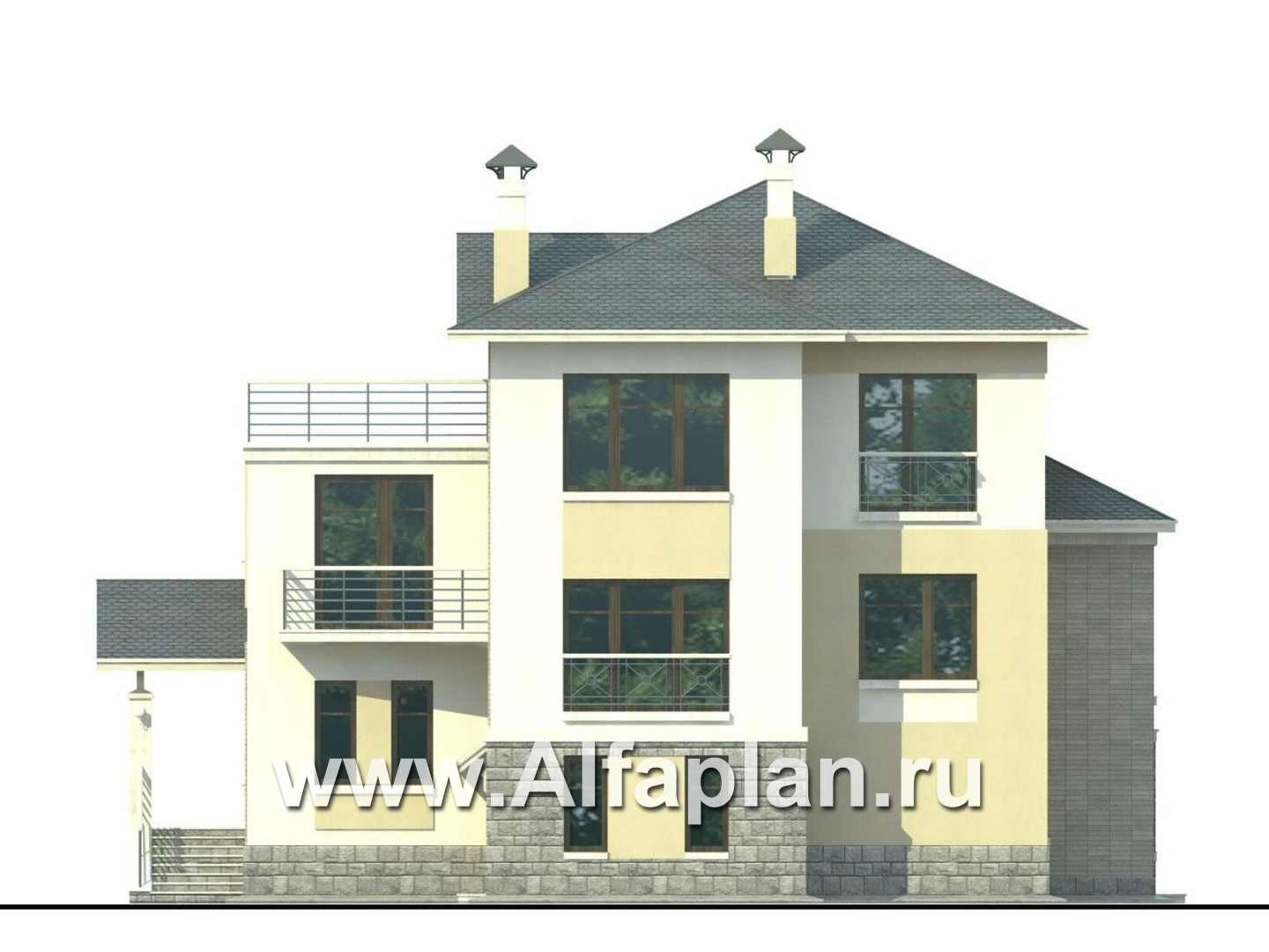 Проекты домов Альфаплан - «Три  семерки» - проект трехэтажного дома, гараж в цоколе, второй свет и панорамные окна, современный дизайн дома - изображение фасада №4