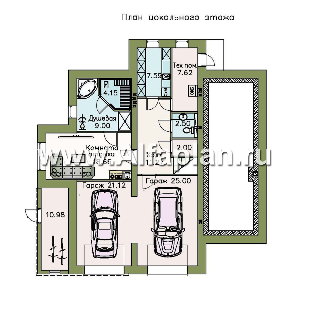 Проекты домов Альфаплан - «Три  семерки» - проект трехэтажного дома, гараж в цоколе, второй свет и панорамные окна, современный дизайн дома - изображение плана проекта №1