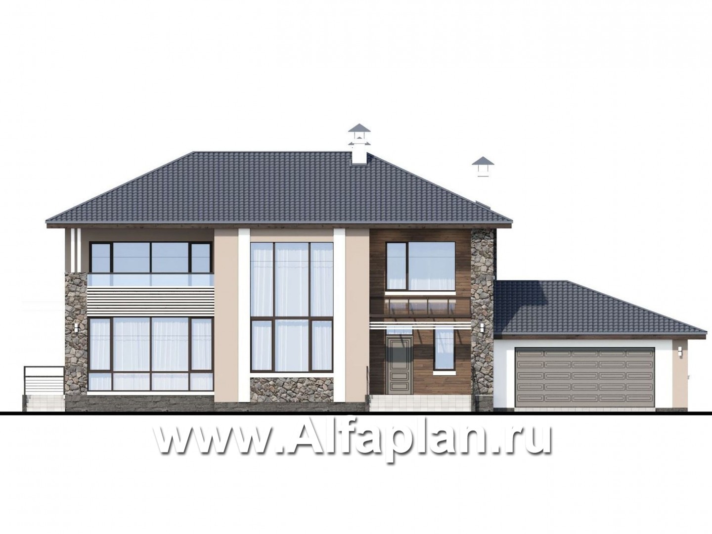 «Семь звезд» - проект двухэтажного дома, гостиная со вторым светом, мастер спальня, с гаражом на 2 авто, в современном стиле - фасад дома