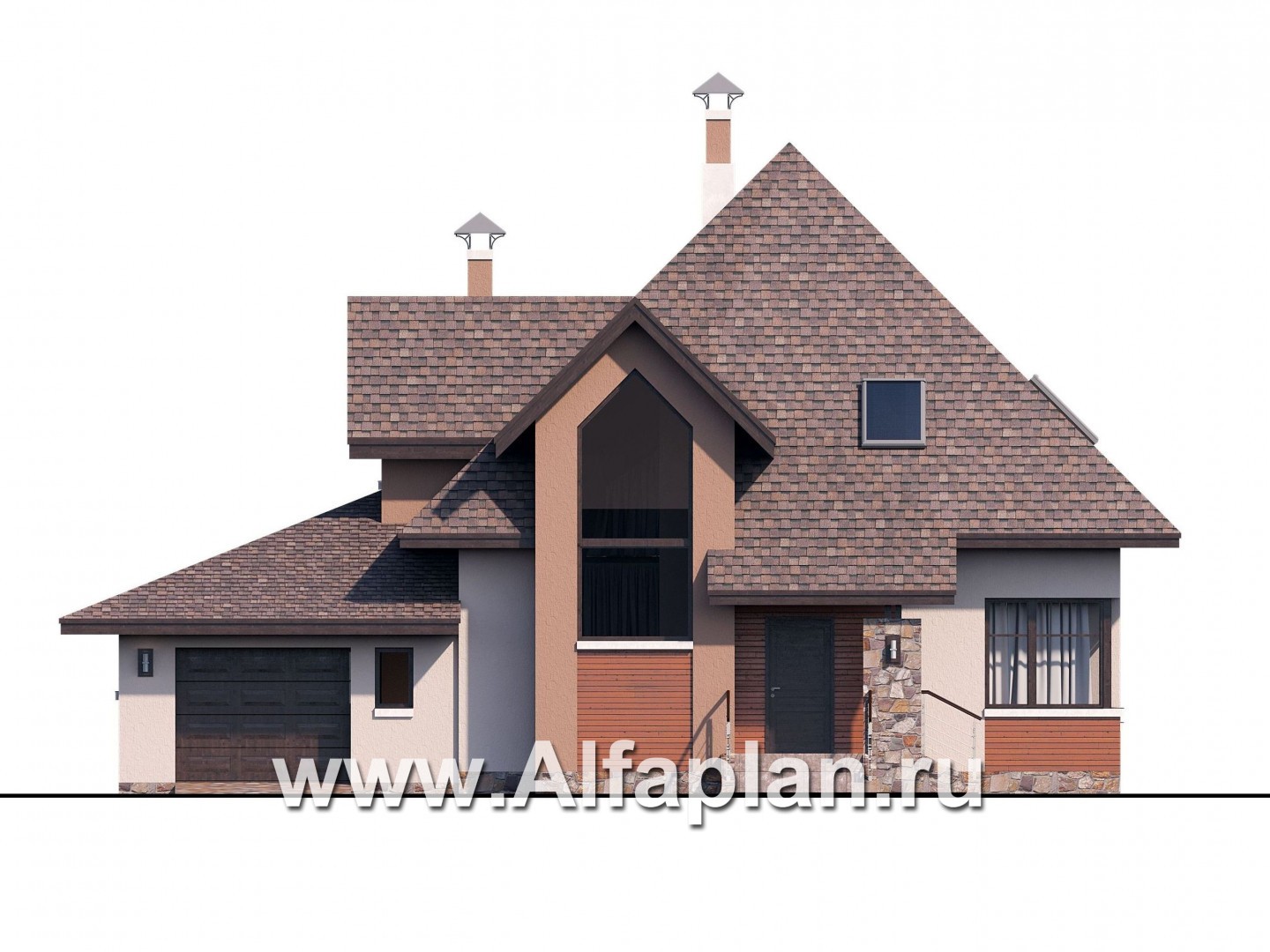 «Орион» - красивый проект дома с мансардой, из кирпича или газобетона, с террасой и с гаражом, современный стиль - фасад дома