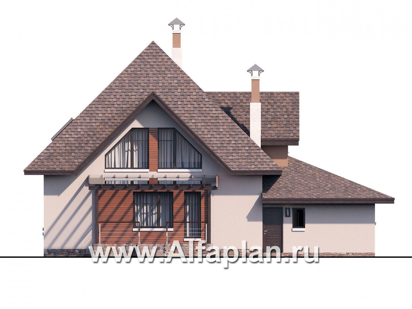 «Орион» - красивый проект дома с мансардой, из кирпича или газобетона, с террасой и с гаражом, современный стиль - фасад дома