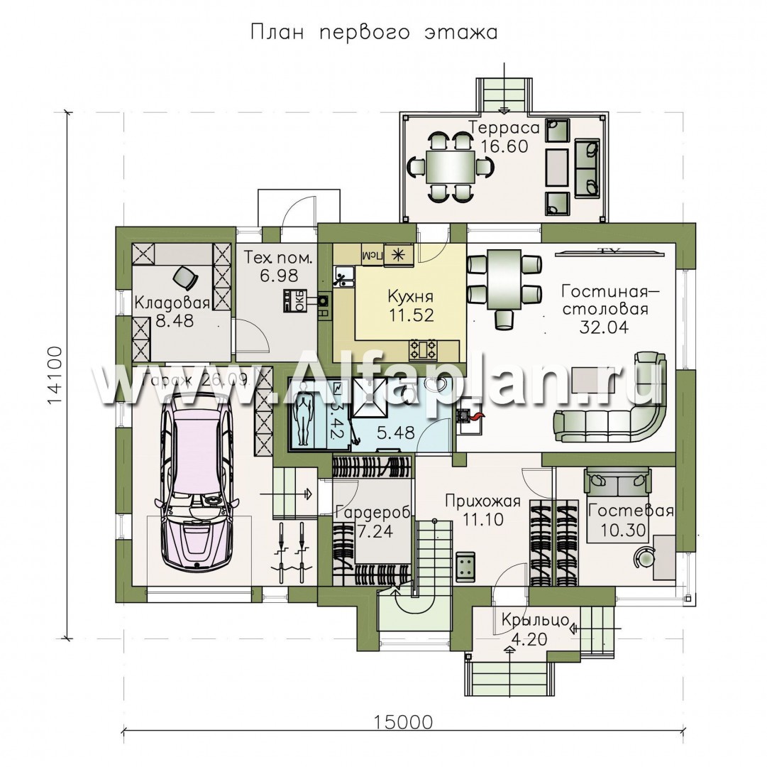 «Орион» - красивый проект дома с мансардой, из кирпича или газобетона, с террасой и с гаражом, современный стиль - план дома