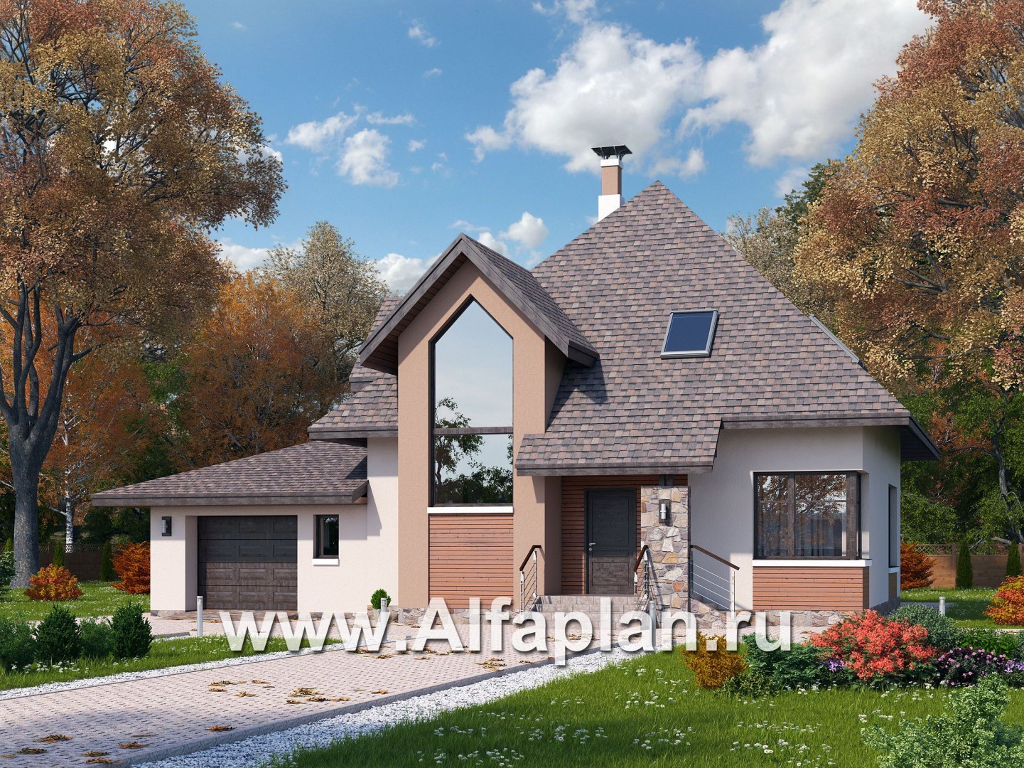 «Орион» - красивый проект дома с мансардой, из кирпича или газобетона, с террасой и с гаражом, современный стиль - основное изображение