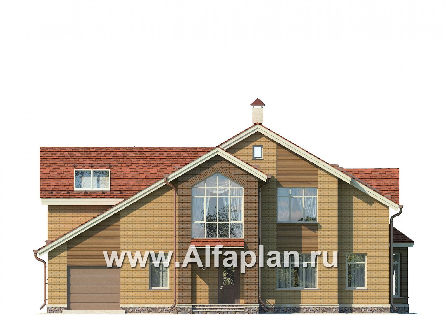 Проект дома с мансардой, план с эркером и с террасой, с гаражом - фасад дома