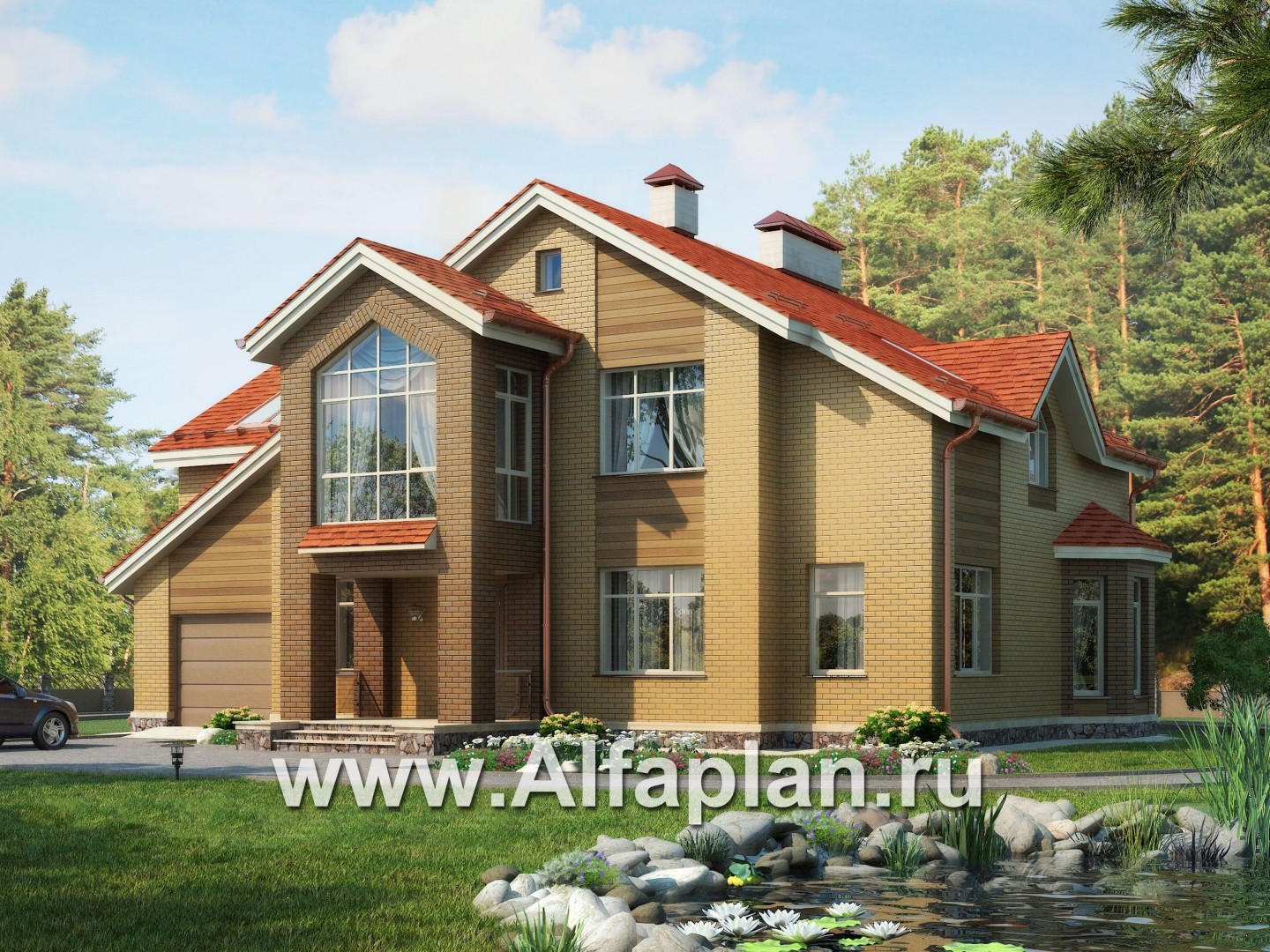 Проект дома с мансардой, план с эркером и с террасой, с гаражом - основное изображение