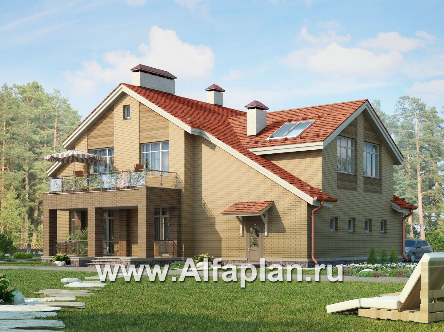 Проект дома с мансардой, план с эркером и с террасой, с гаражом - дизайн дома №1