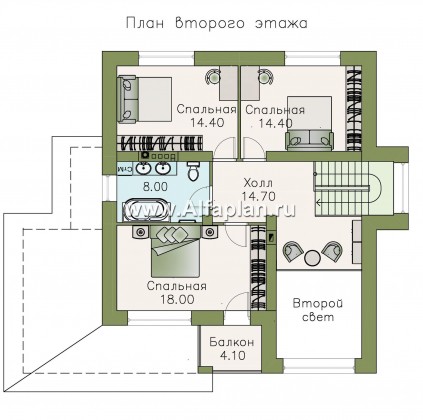 «Роман с камнем» — проект дома, 2 этажа, с двусветной гостиной и с террасой при входе - превью план дома