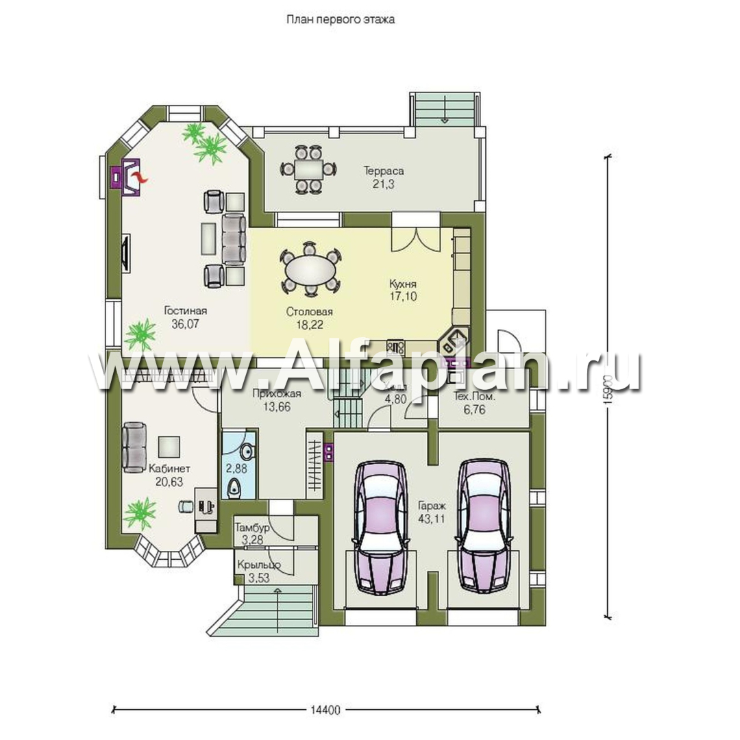 Проекты домов Альфаплан - «Эвридика» - красивый загородный дом с гаражом на две машины - план проекта №1