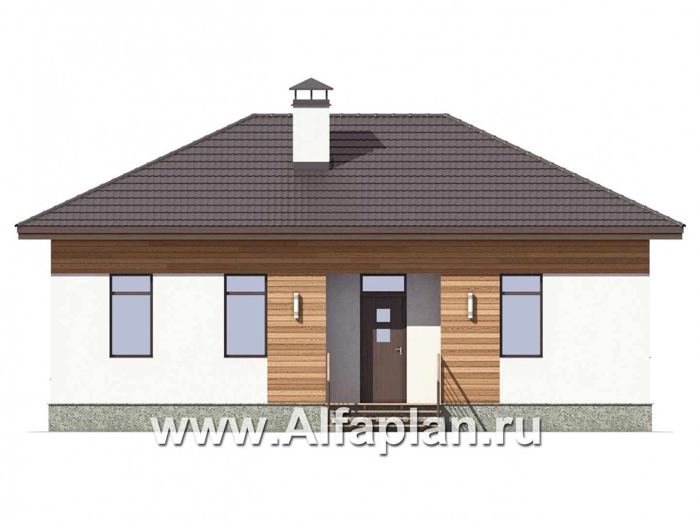 Проект простого одноэтажного дома, дача для небольшой семьи, 2 спальни, в современном стиле - фасад дома