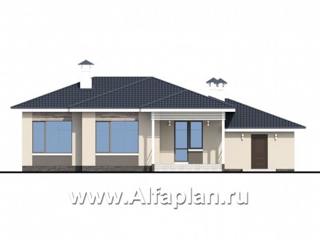 Проекты домов Альфаплан - «Бирюса» - одноэтажный коттедж для небольшой семьи, с теплым гаражом - превью фасада №4