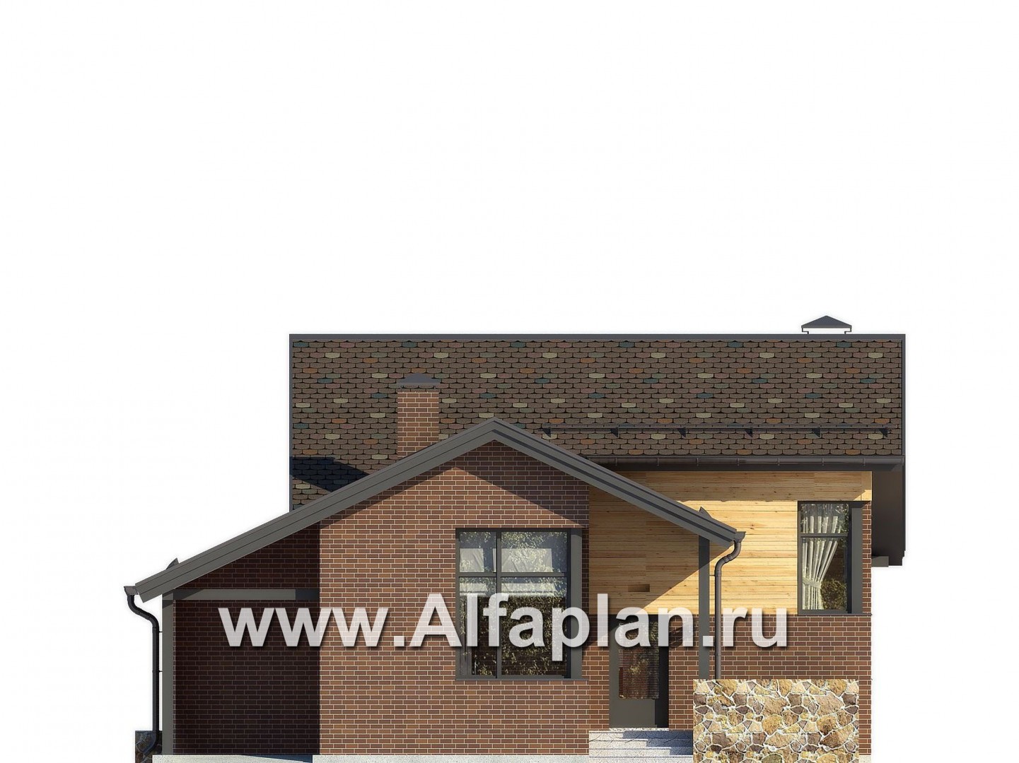 Проект современного дома с мансардой, с угловой террасой и с навесом на 1 авто - фасад дома