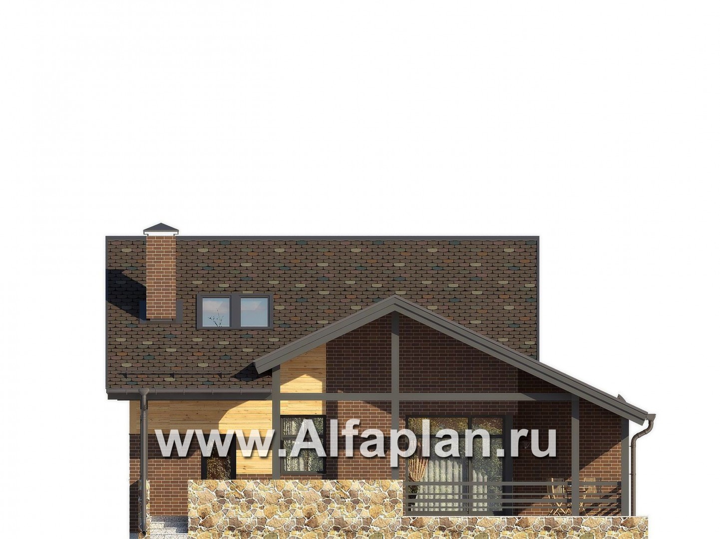 Проект современного дома с мансардой, с угловой террасой и с навесом на 1 авто - фасад дома