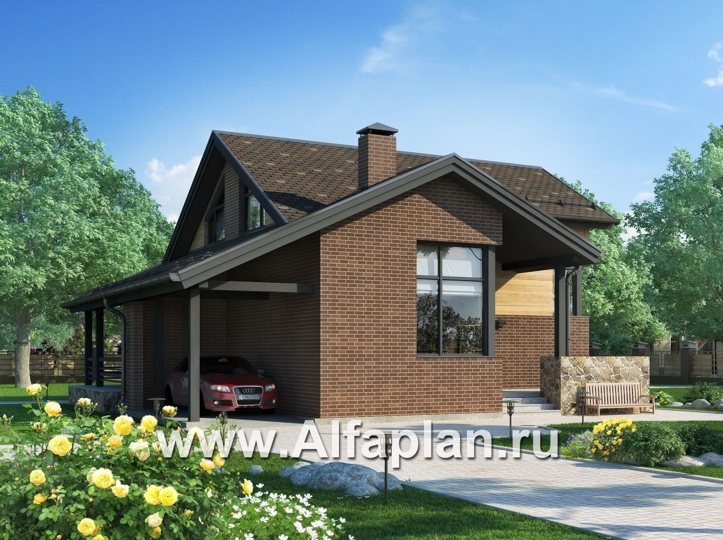 Проект современного дома с мансардой, с угловой террасой и с навесом на 1 авто - основное изображение