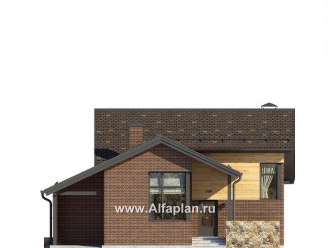 Проект современного дома с мансардой, с угловой террасой и с навесом на 1 авто - превью фасада дома