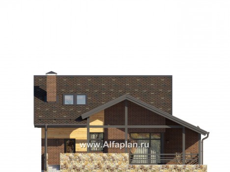 Проект современного дома с мансардой, с угловой террасой и с навесом на 1 авто - превью фасада дома