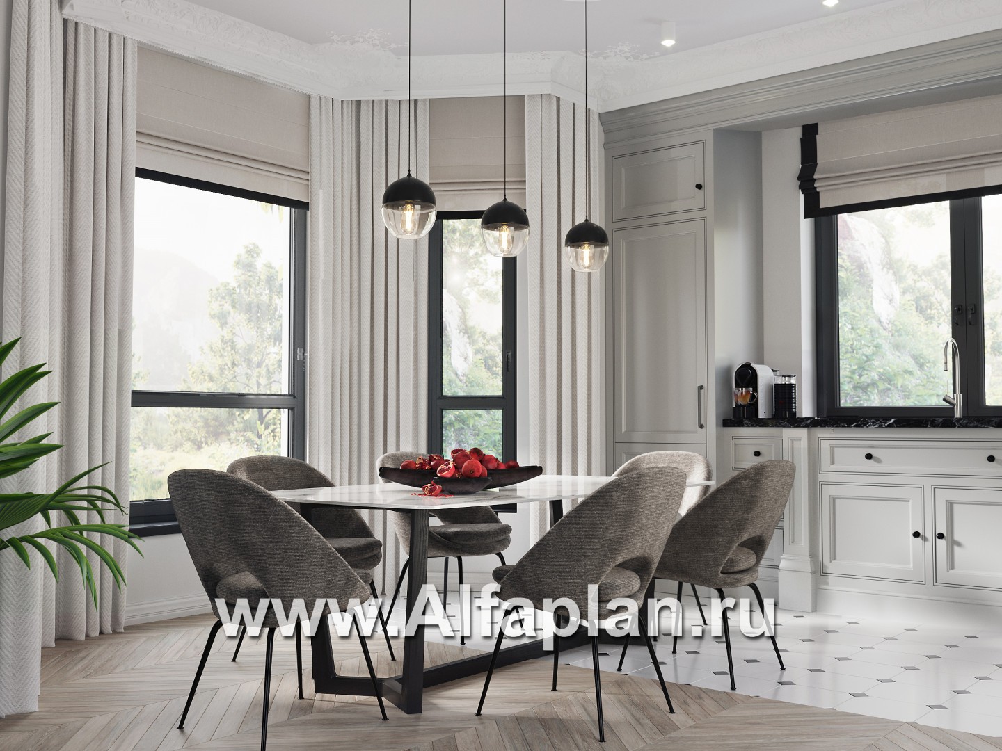 Проект дома с мансардой, 3 спальни, открытая планировка с камином и эркером, гостевая комната на 1 эт и гараж на 1 авто - дизайн дома №4