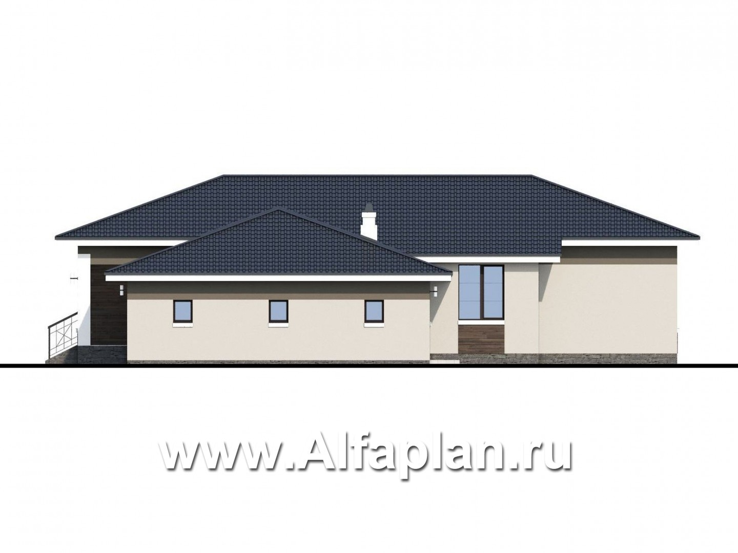 «Ариадна» - проект одноэтажного дома, планировка 3 спальни, c террасой, с гаражом на 2 авто, в современном стиле - фасад дома