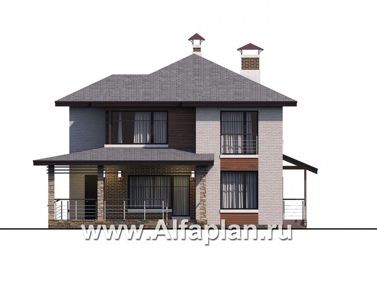 Проекты домов Альфаплан - «Квантум» - современный двухэтажный дом с большой террасой - изображение фасада №2