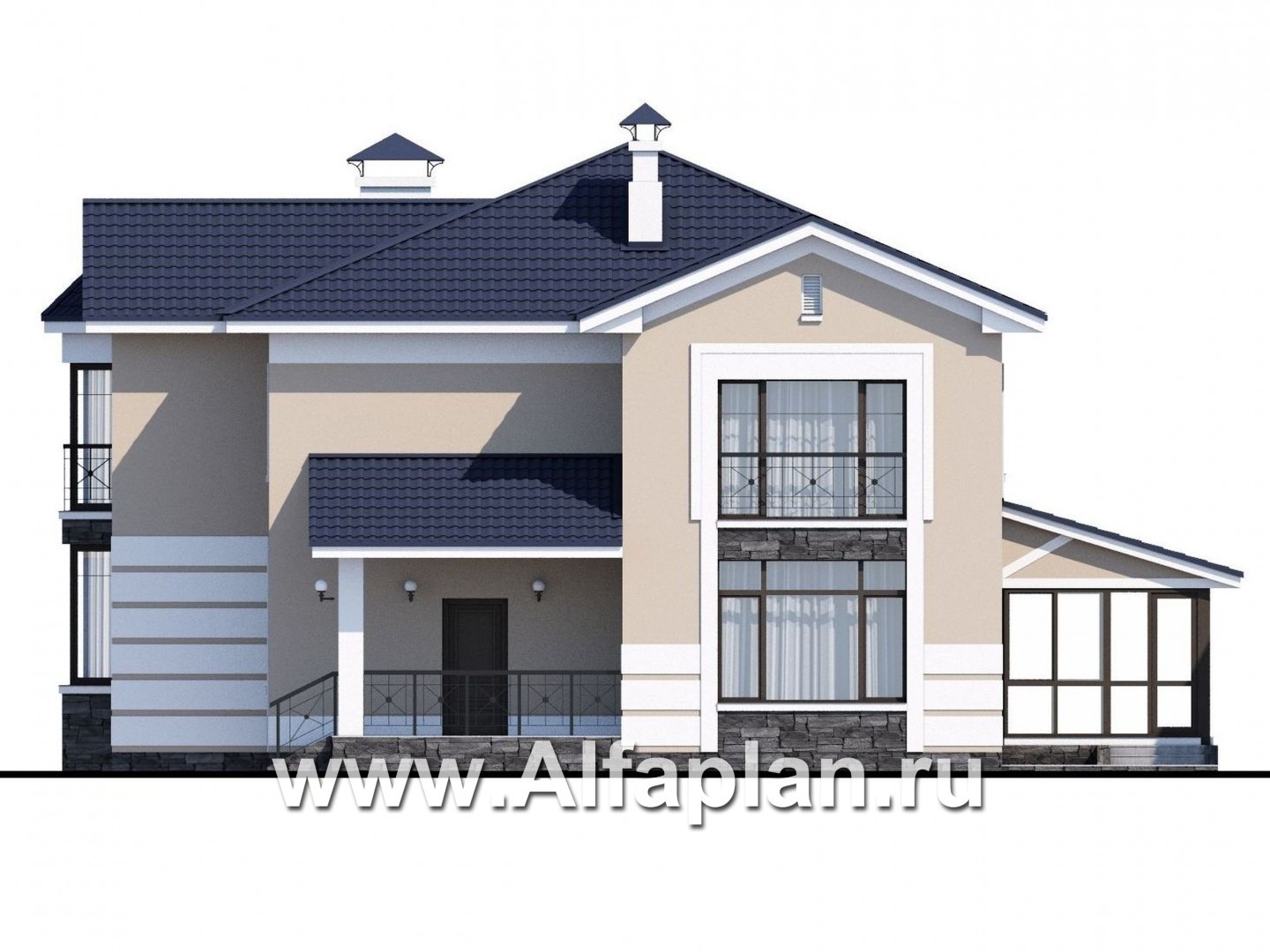 Проекты домов Альфаплан - «Диадема» - классический коттедж с изящным остекленным эркером - изображение фасада №2
