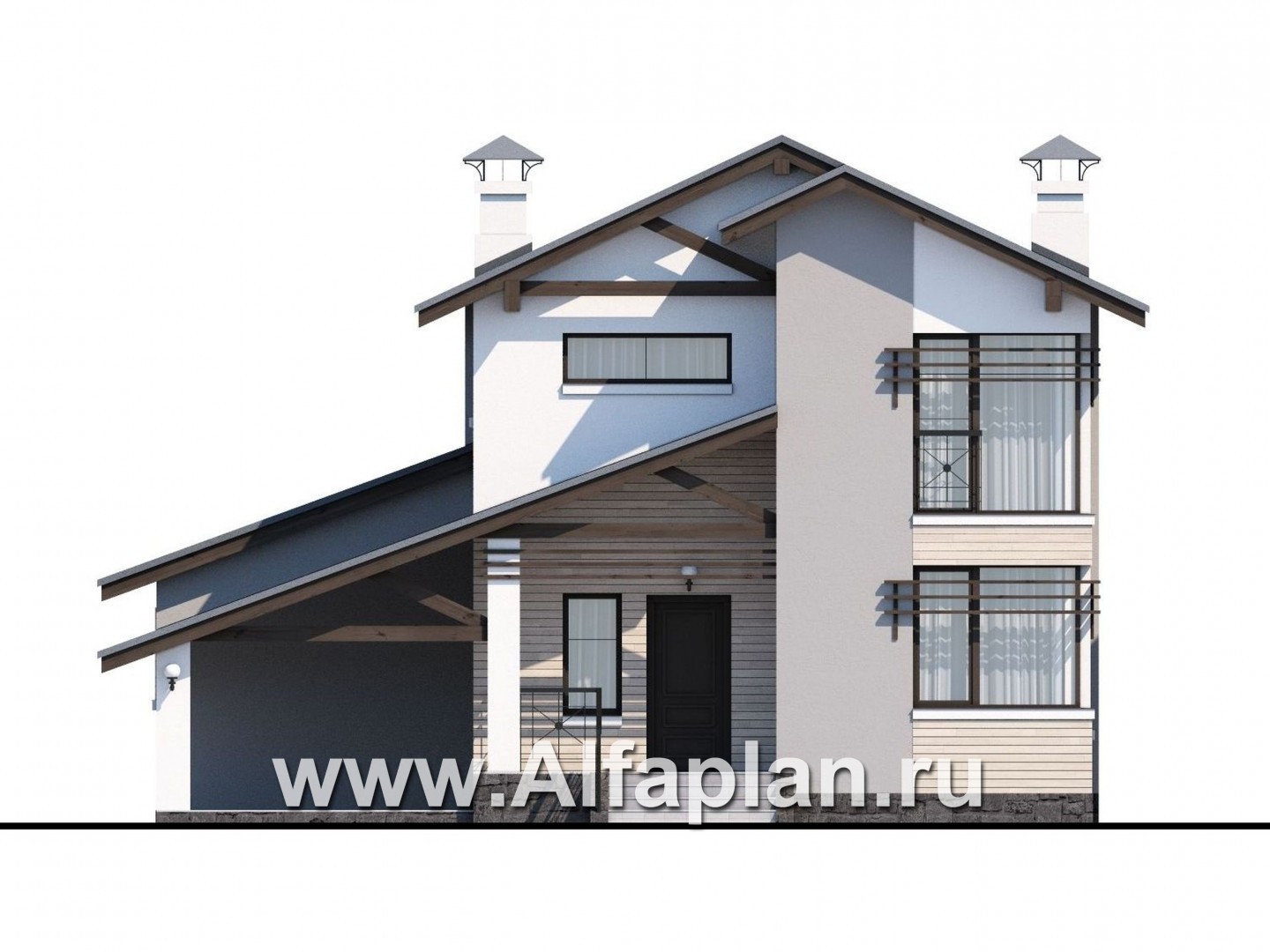 «Солнечный» - проект двухэтажного дома, с кабинетом на 1 эт, навес на 1 авто, в современном стиле - фасад дома