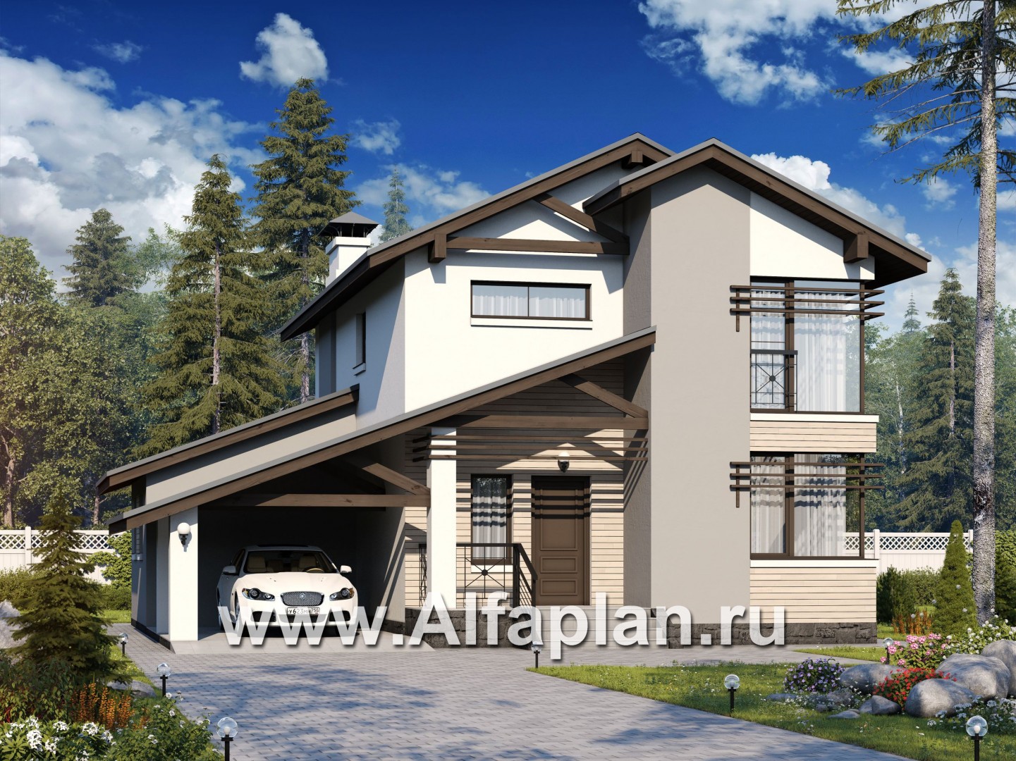 «Солнечный» - проект двухэтажного дома, с кабинетом на 1 эт, навес на 1 авто, в современном стиле - основное изображение