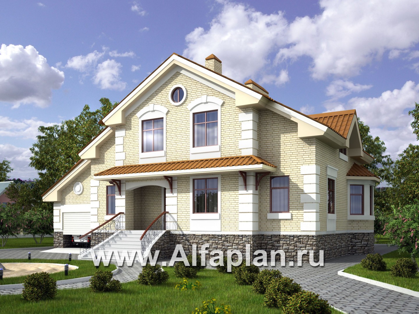 Проект двухэтажного дома из газобетона, с эркером и с гаражом, для большой семьи (6 спален) - основное изображение