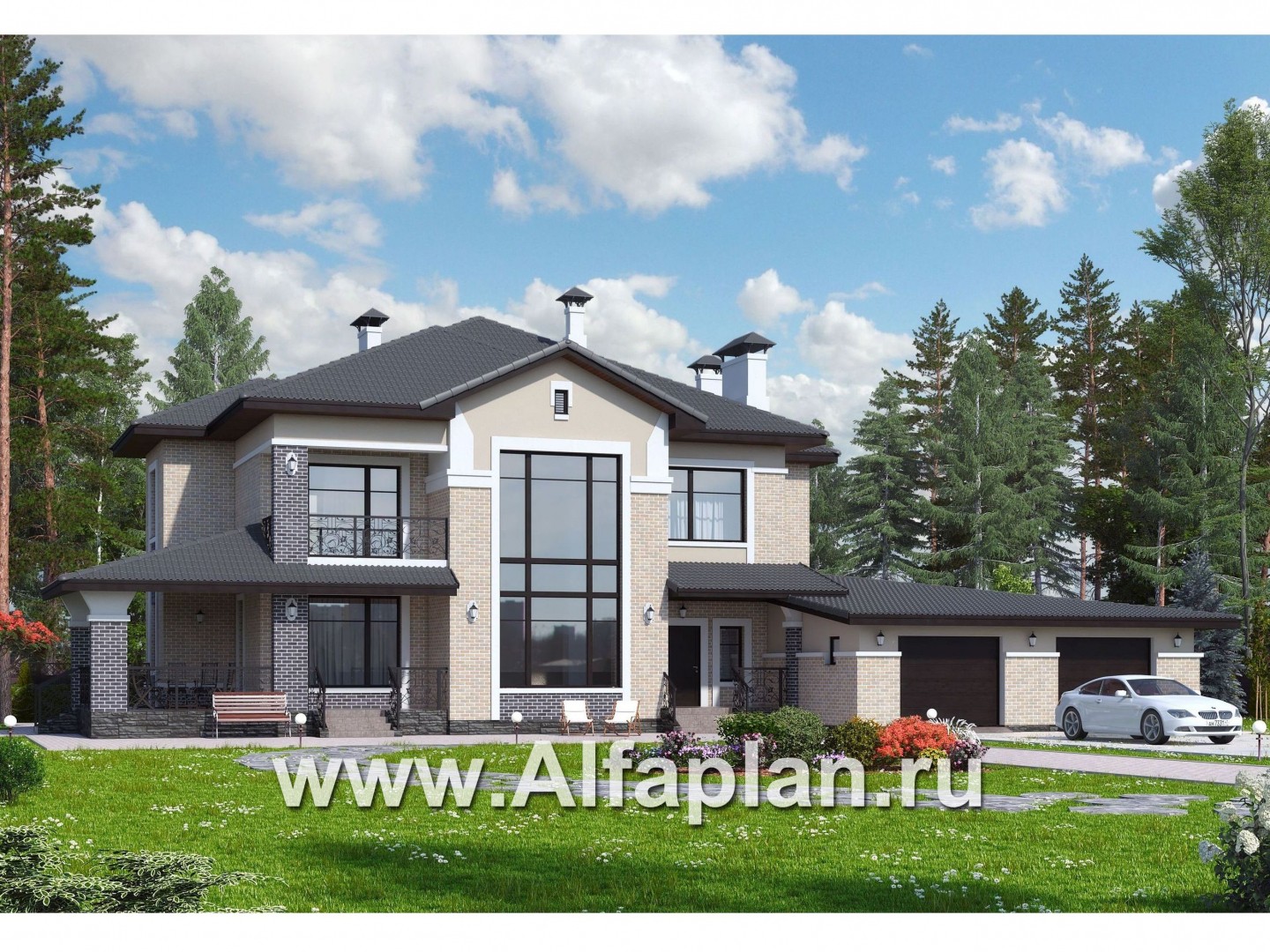 Проекты домов Альфаплан - «Арно» - проект двухэтажного дома,  с двусветной гостиной, с террасой, с гаражом на 2 авто - основное изображение