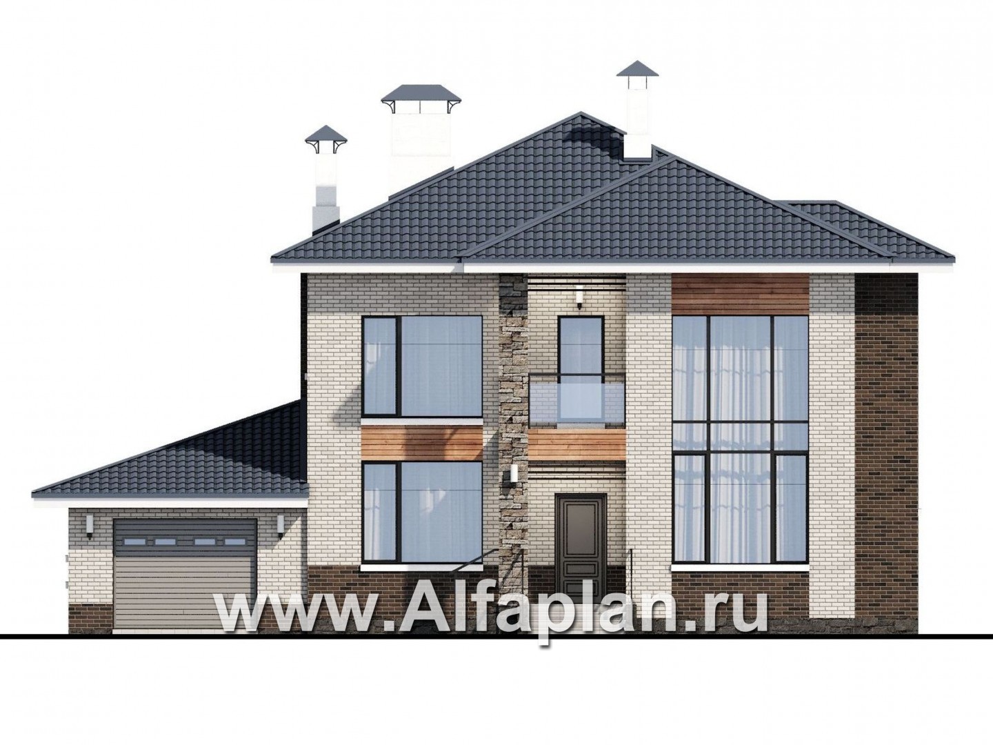 Проекты домов Альфаплан - «Вязьма»- проект двухэтажного дома из газобетона, планировка с двусветной гостиной, с террасой и с гаражом - изображение фасада №1