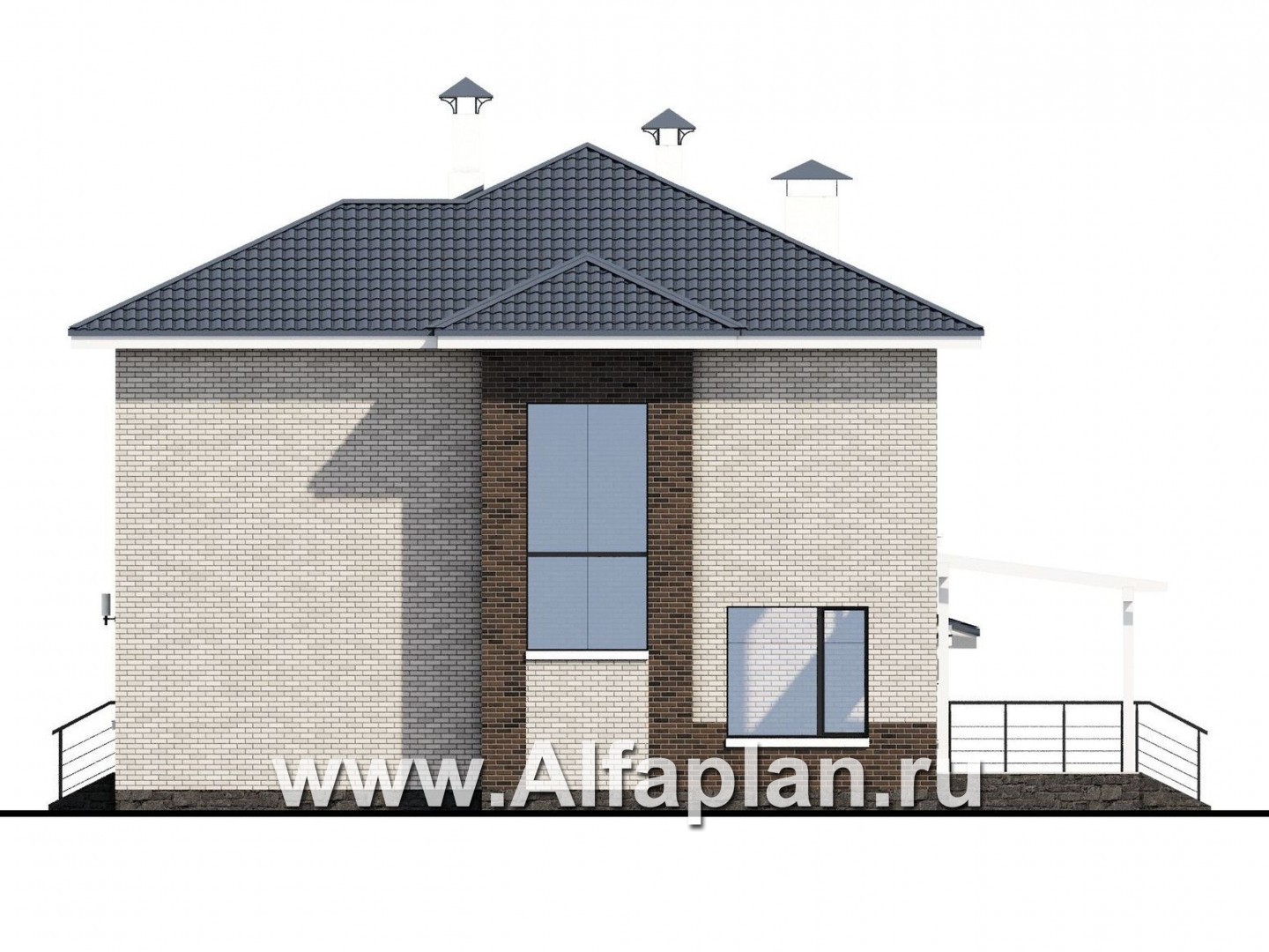 Проекты домов Альфаплан - «Вязьма»- проект двухэтажного дома из газобетона, планировка с двусветной гостиной, с террасой и с гаражом - изображение фасада №2