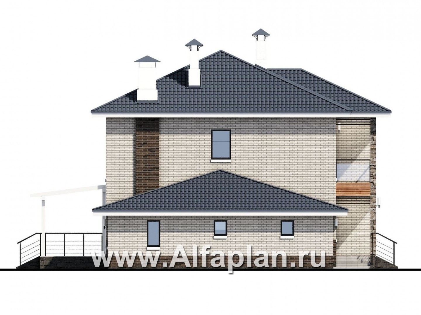 Проекты домов Альфаплан - «Вязьма»- проект двухэтажного дома из газобетона, планировка с двусветной гостиной, с террасой и с гаражом - изображение фасада №3