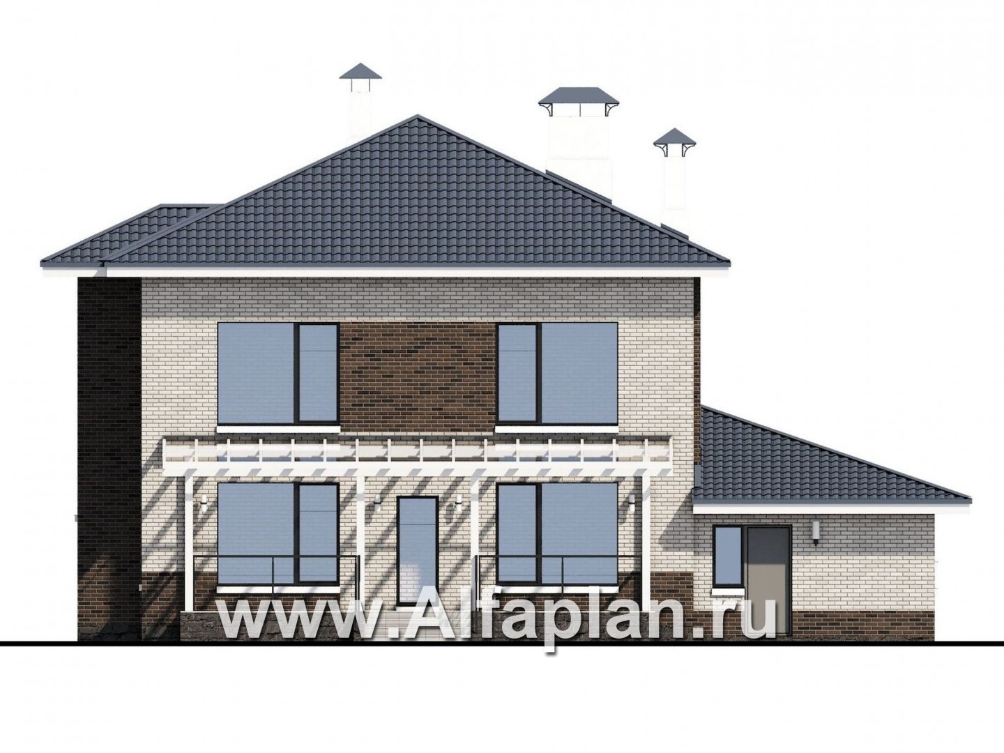 Проекты домов Альфаплан - «Вязьма»- проект двухэтажного дома из газобетона, планировка с двусветной гостиной, с террасой и с гаражом - изображение фасада №4