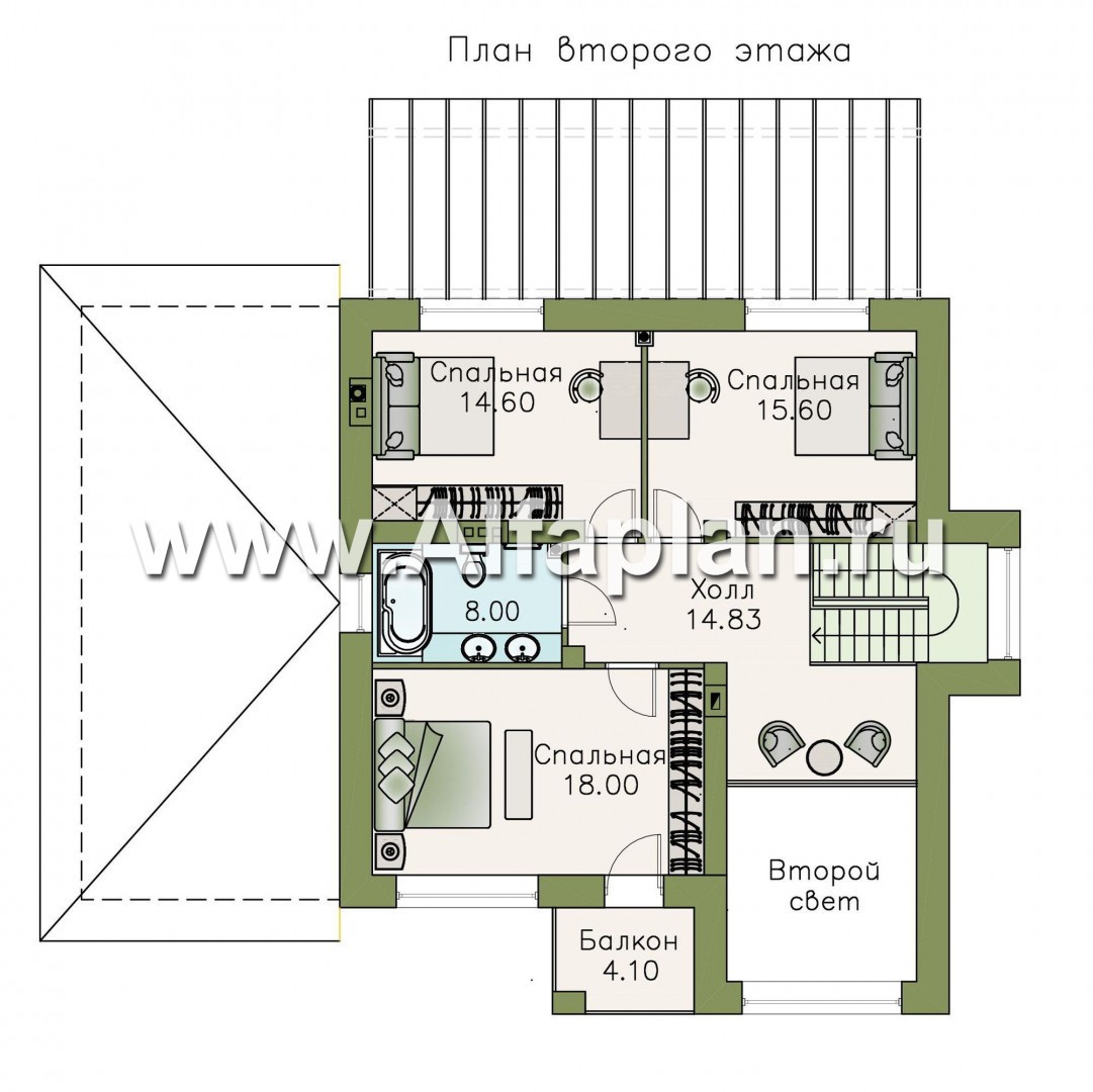 Проекты домов Альфаплан - «Вязьма»- проект двухэтажного дома из газобетона, планировка с двусветной гостиной, с террасой и с гаражом - план проекта №2