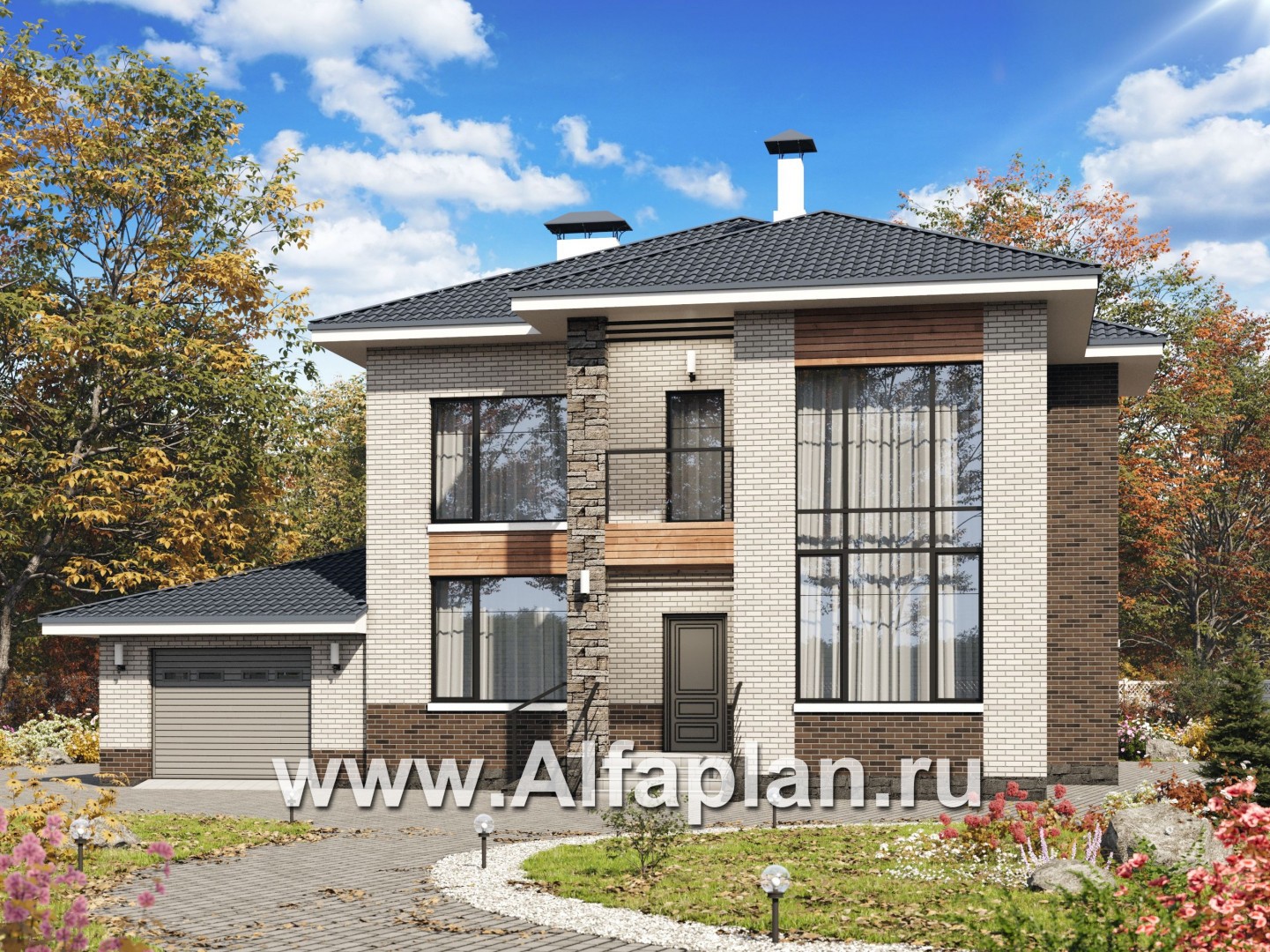 Проекты домов Альфаплан - «Вязьма»- проект двухэтажного дома из газобетона, планировка с двусветной гостиной, с террасой и с гаражом - основное изображение