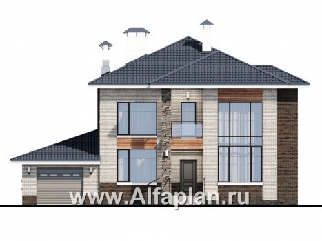 Проекты домов Альфаплан - «Вязьма»- проект двухэтажного дома из газобетона, планировка с двусветной гостиной, с террасой и с гаражом - превью фасада №1