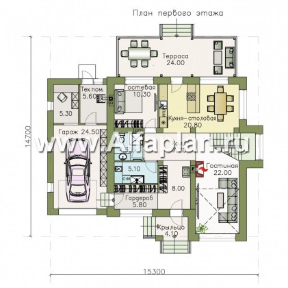 Проекты домов Альфаплан - «Вязьма»- проект двухэтажного дома из газобетона, планировка с двусветной гостиной, с террасой и с гаражом - превью плана проекта №1