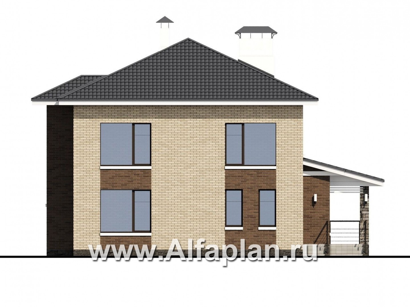 Проекты домов Альфаплан - «Роман с камнем» — двухэтажный коттедж с террасой при входе - изображение фасада №4