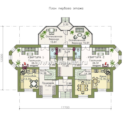 Проекты домов Альфаплан - «Эйваро плюс»- двухквартирный коттедж для близких родственников - превью плана проекта №1