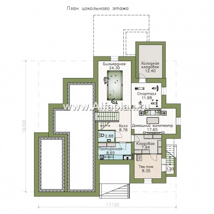 Проекты домов Альфаплан - «Современник плюс» - современный коттедж c цокольным этажом - превью плана проекта №1