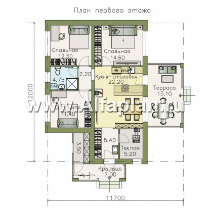 Проекты домов Альфаплан - «Мелета» - компактный и уютный одноэтажный дом с тремя спальнями - превью плана проекта №1