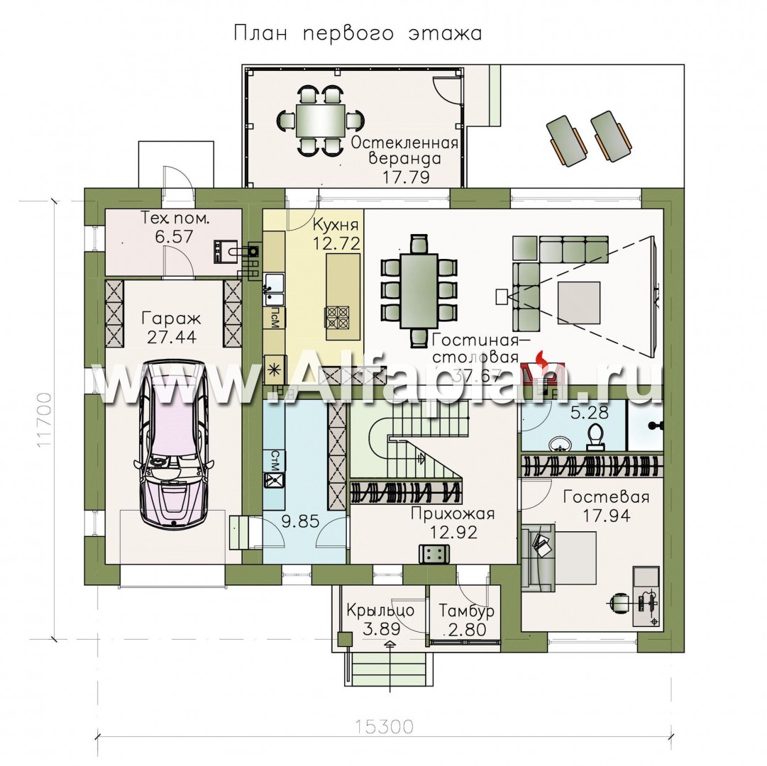 Проекты домов Альфаплан - «Седьмая высота» - современный коттедж с гаражом и просторной верандой - изображение плана проекта №1