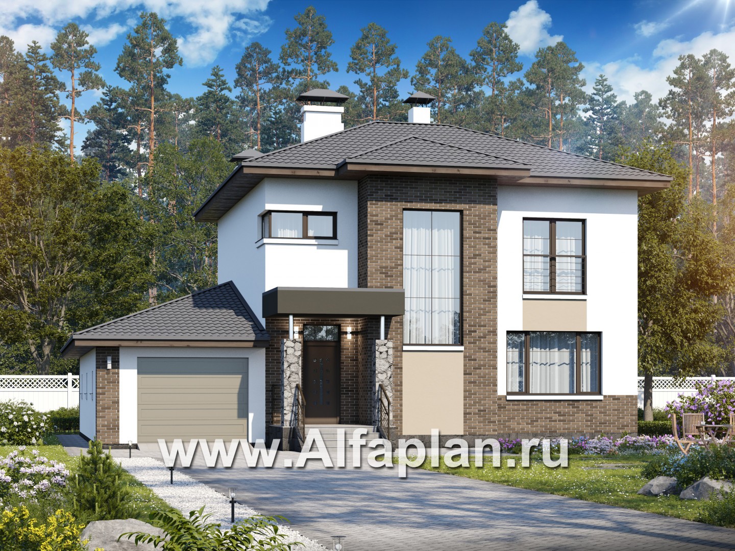 Проекты домов Альфаплан - «Приоритет» - современный экономичный дом с гаражом - основное изображение