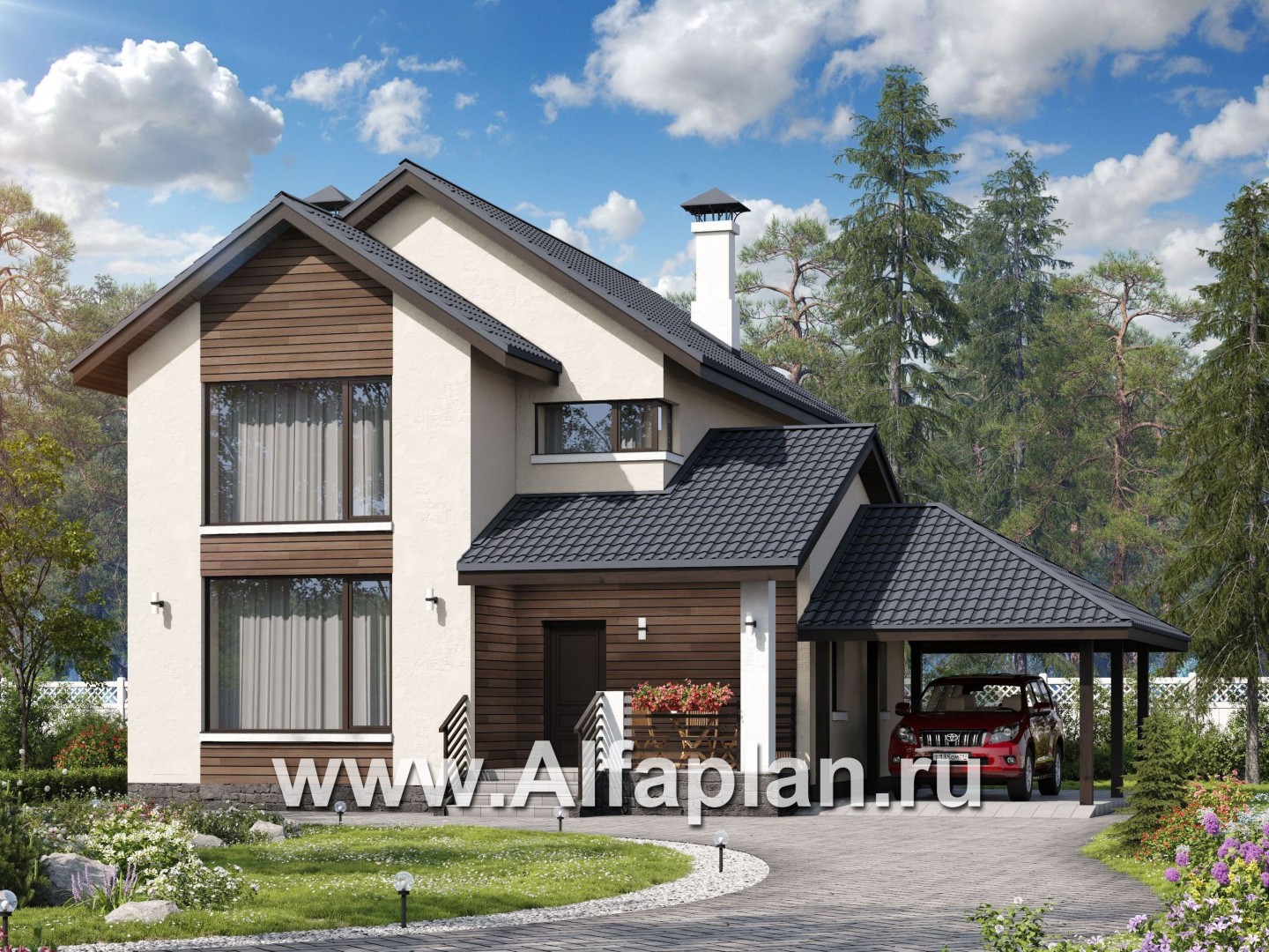 Проекты домов Альфаплан - «Весна» - экономичный и удобный дом с гаражом-навесом - основное изображение