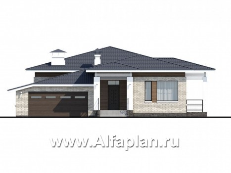 Проекты домов Альфаплан - «Днестр» - одноэтажный коттедж с большим гаражом и террасой - превью фасада №1