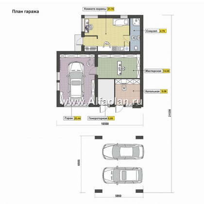 Проект хозяйственного блока, с гостевой квартирой, с гаражом и навесом на 2 машины - превью план дома