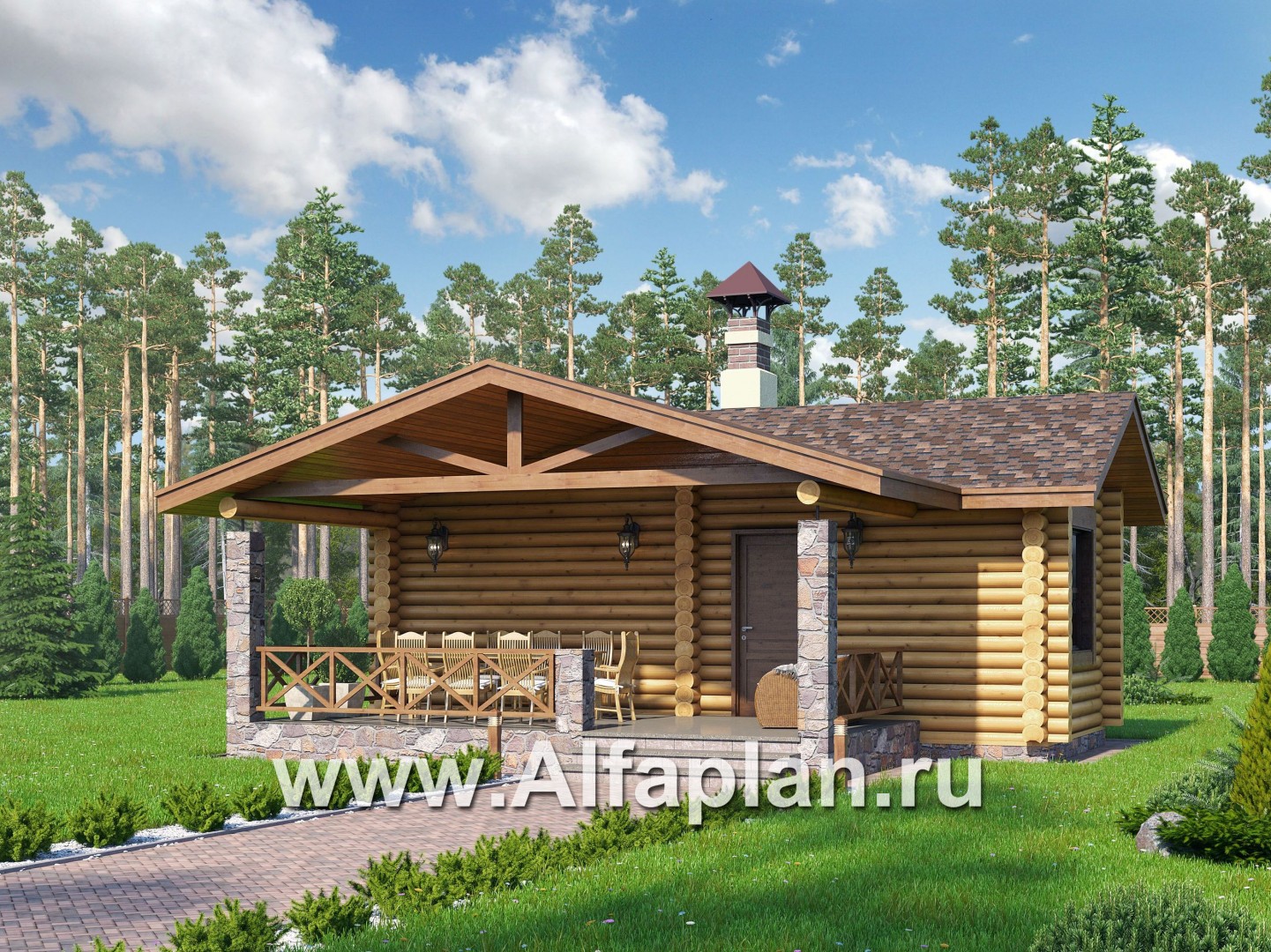 Проекты домов Альфаплан - Баня из бревен с большой крытой верандой - основное изображение