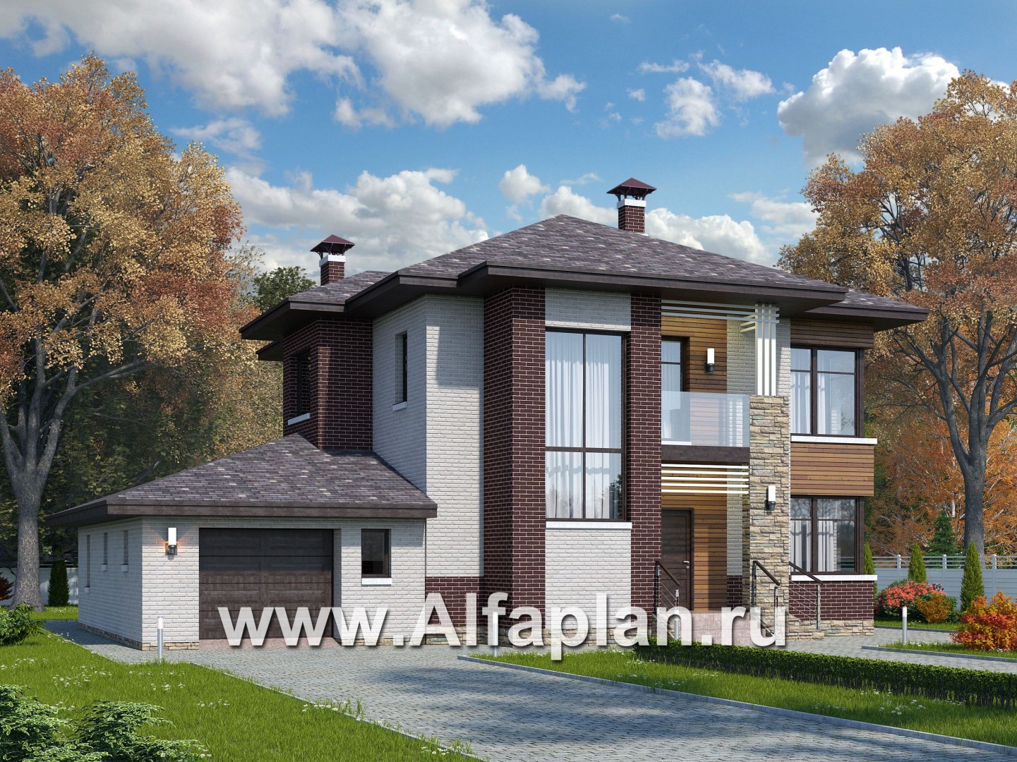 Проекты домов Альфаплан - «Эндорфин» - современный двухэтажный дом с гаражом - основное изображение