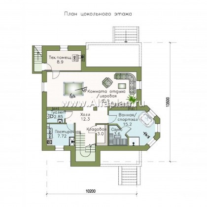 «Маленький принц» - проект двухэтажного дома, с эркером и с террасой, планировка с кабинетом на 1 эт и с цокольным этажом - превью план дома