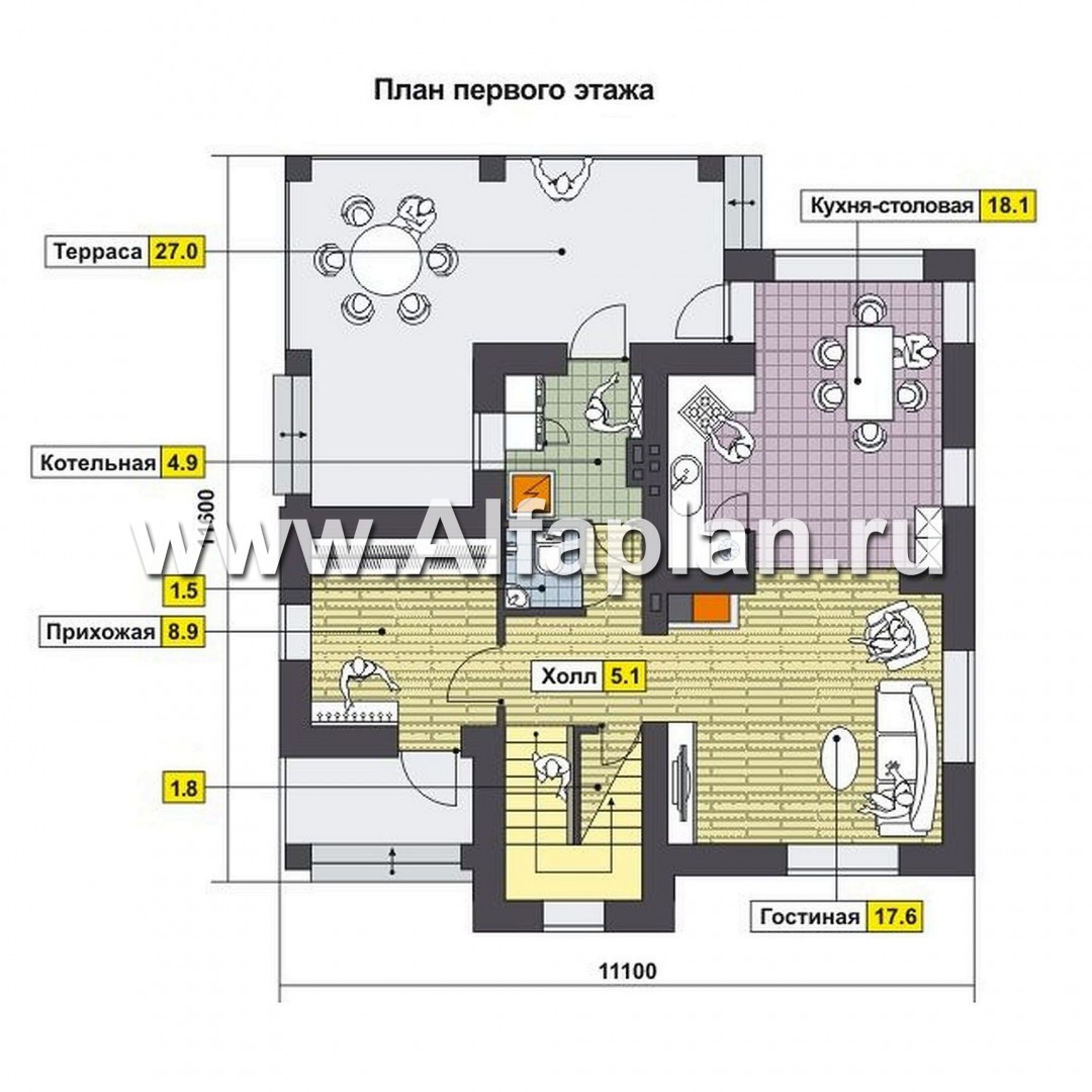 Проекты домов Альфаплан - Компактный двухэтажный дом c с большой террасой - план проекта №1
