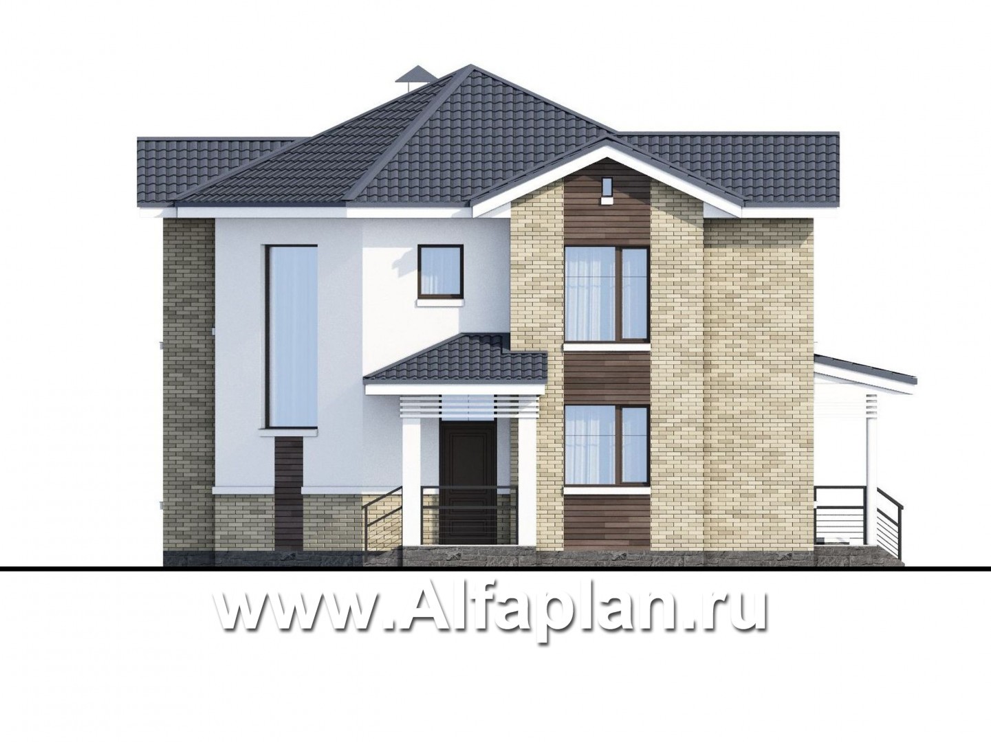 Проекты домов Альфаплан - NotaBene - проект двухэтажного дома, с террасой и кабинетом, с оригинальным планом по диагонали - изображение фасада №1